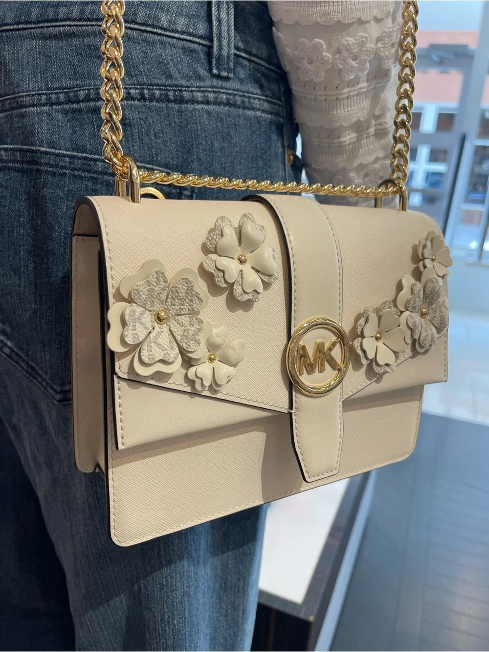MICHAEL KORS Greenwich Sm Embellished Signature Logo Trim Crossbody Lt Cream NWT